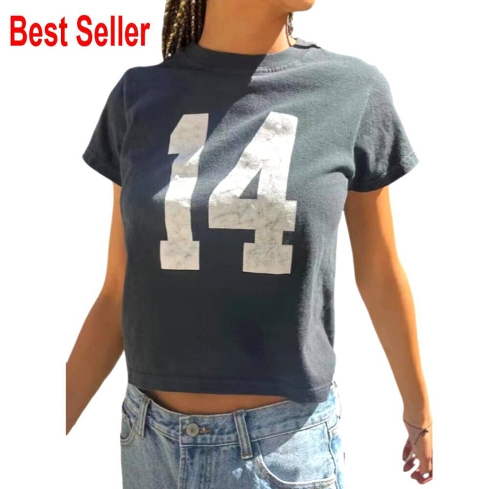 Number 14 Graphic Crop Top Y2K Retro Baby Tee Short Sleeve Summer Shirt